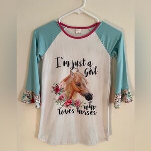 Penelope Plumm White Horse Boho Ruffle Hem Top Soft Kids Size 10 Horse Lover